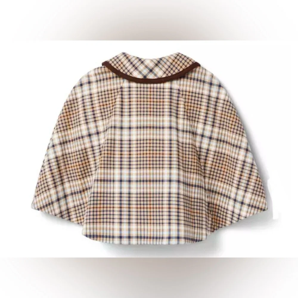 Janie and Jack Girls Size 2T Tan Plaid Cape Brown Velvet Trim Gold Buttons